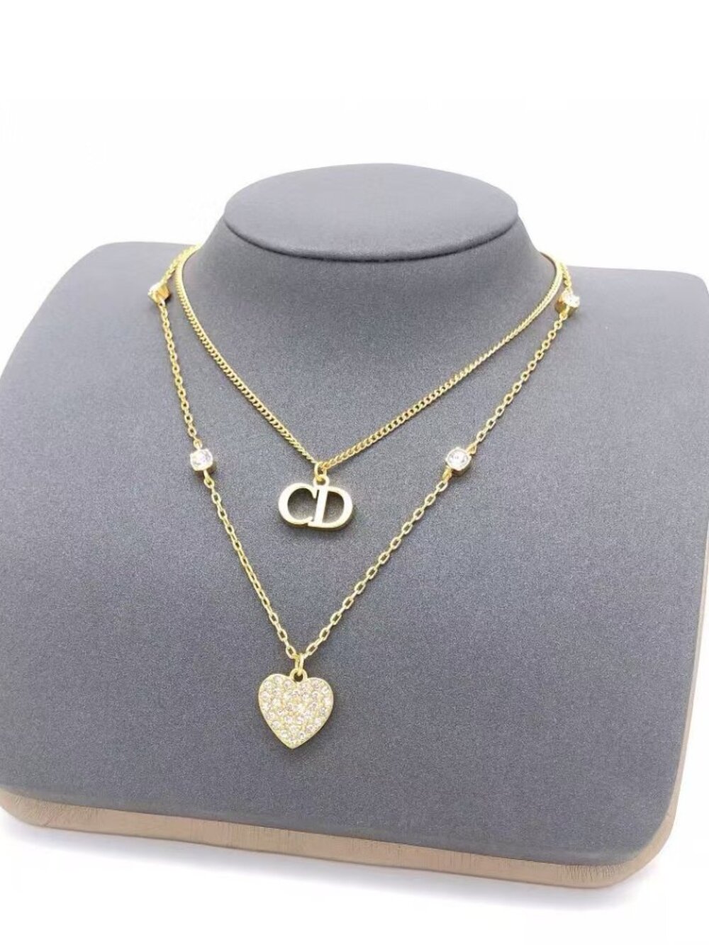 Dior Double Layer CD Logo Pave Heart Crystal Gold Necklace